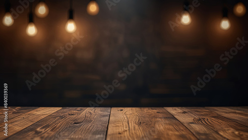 Empty dark wooden table top on blurred background with warm lighting. Banner with copy space. Template showcase scene for display, montage, advertising product.