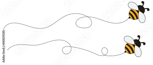 Bee on dotted route, bumblebee fly on dotted line path, white background. Happy bee on dotted route to honey or hive, bee on dot line way for journey travel or delivery logistics. eps 10