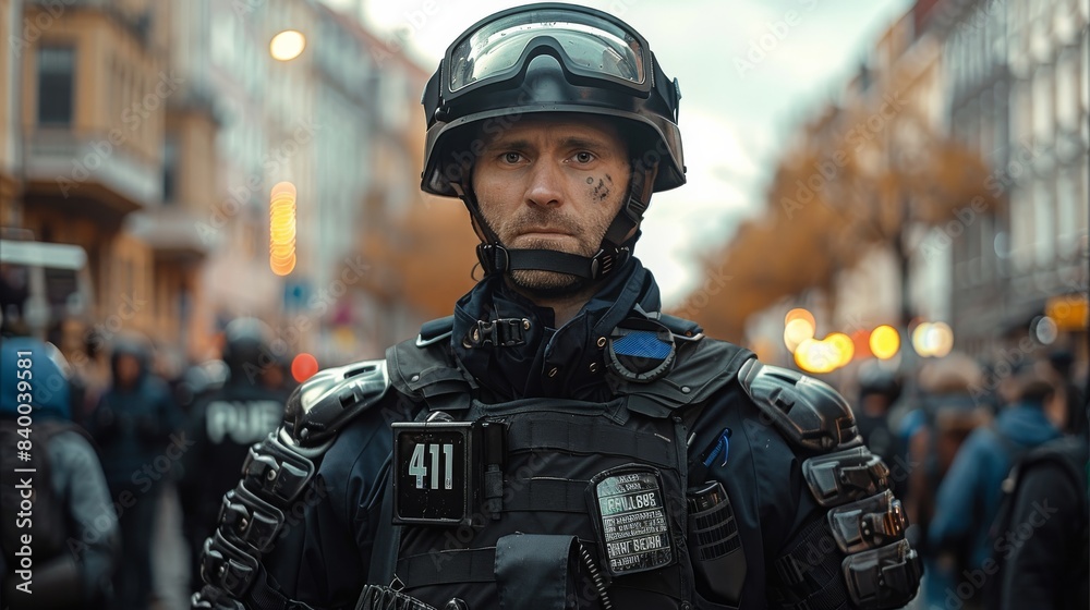 A police officer standing in a city, in front of a group of protesters. Generative AI. A police officer standing in a city, in front of a group of protesters. Generative AI.
