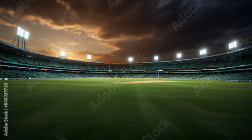A Spectacular sport cricket stadium with glowing floodlights and empty green grass field and pitch. Professional cricket sports background for advertisement. with copy space