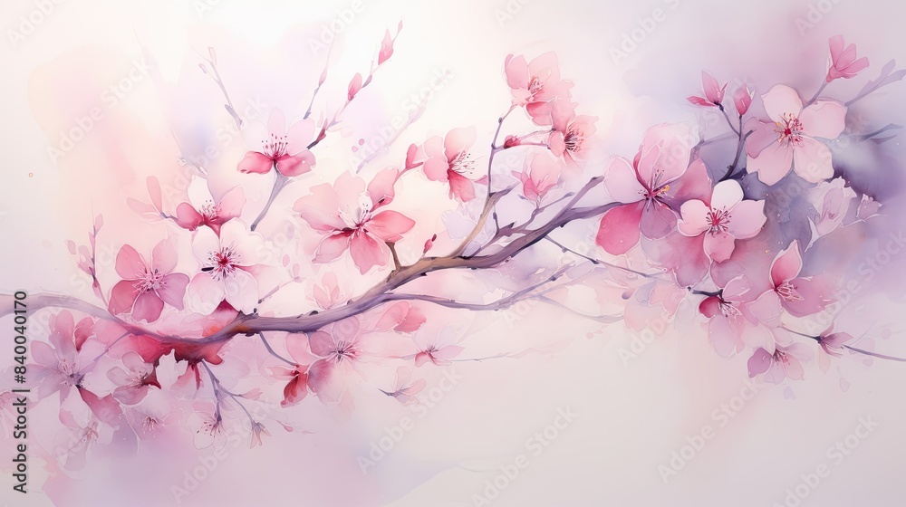 Dreamy watercolor rendering of cherry blossoms in shades of pink and white, evoking a sense of springtime Dreamy watercolor rendering of cherry blossoms in shades of pink and white, evoking a sense of springtime