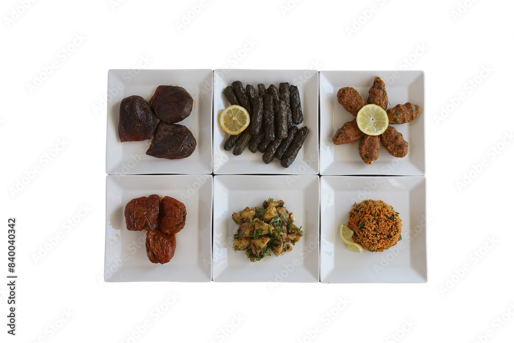 traditional Turkish appetizers, stuffed stuffed eggplant, stuffed stuffed vine leaves, potato salad traditional Turkish appetizers, stuffed stuffed eggplant, stuffed stuffed vine leaves, potato salad