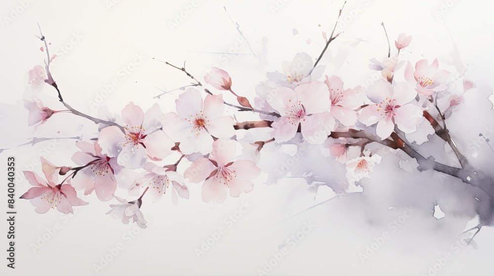 Dreamy watercolor rendering of cherry blossoms in shades of pink and white, evoking a sense of springtime Dreamy watercolor rendering of cherry blossoms in shades of pink and white, evoking a sense of springtime