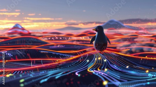 A digital landscape with flowing code streams and the Linux penguin mascot subtly integrated into the horizon, symbolizing stability and open-source power.