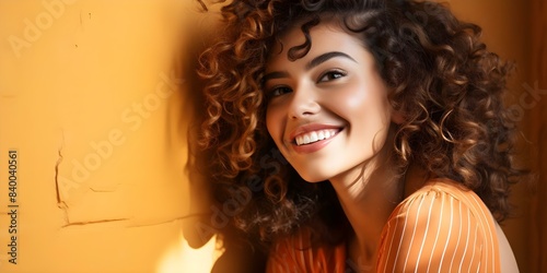 Young woman with curly hair smiling against orange wall in sunlight. Concept Outdoor Photoshoot, Joyful Portraits, Curly Hair, Smiling, Orange Wall photo