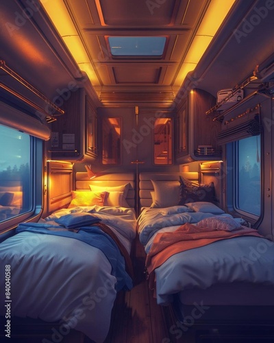 Sleeper car interior, cozy beds, warm lighting, night train ambiance, detailed view photo