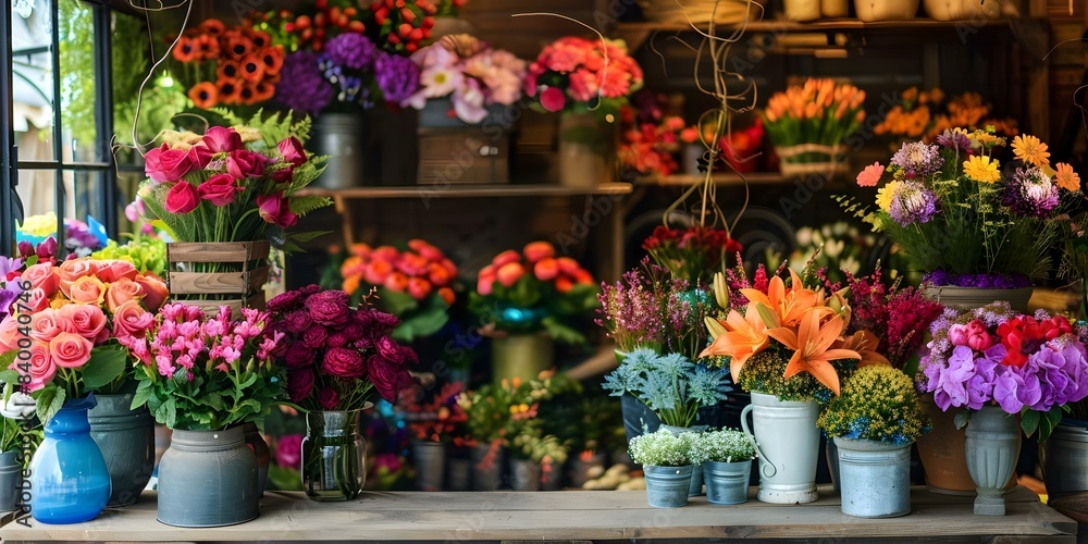 Fototapeta premium Imaginative flower shop with dreamy greenhouse decor and elegant floral arrangements. Concept Flower Shop, Decor Inspiration, Greenhouse Decor, Floral Arrangements, Imaginative Theme