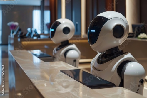 AI-driven robots providing customer service at a futuristic hotel reception desk
