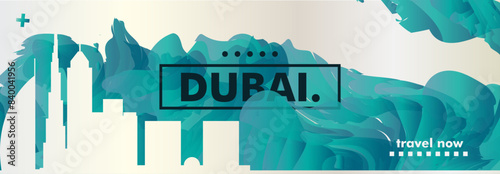 Dubai horizon profile banner, placard, header, footer. UAE, United Arab Emirates metropolis city downtown vector website page layout with panoramic front view