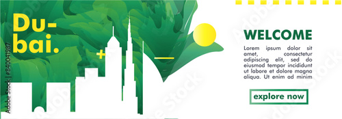 Dubai horizon profile banner, placard, header, footer. UAE, United Arab Emirates metropolis city downtown vector website page layout with panoramic front view