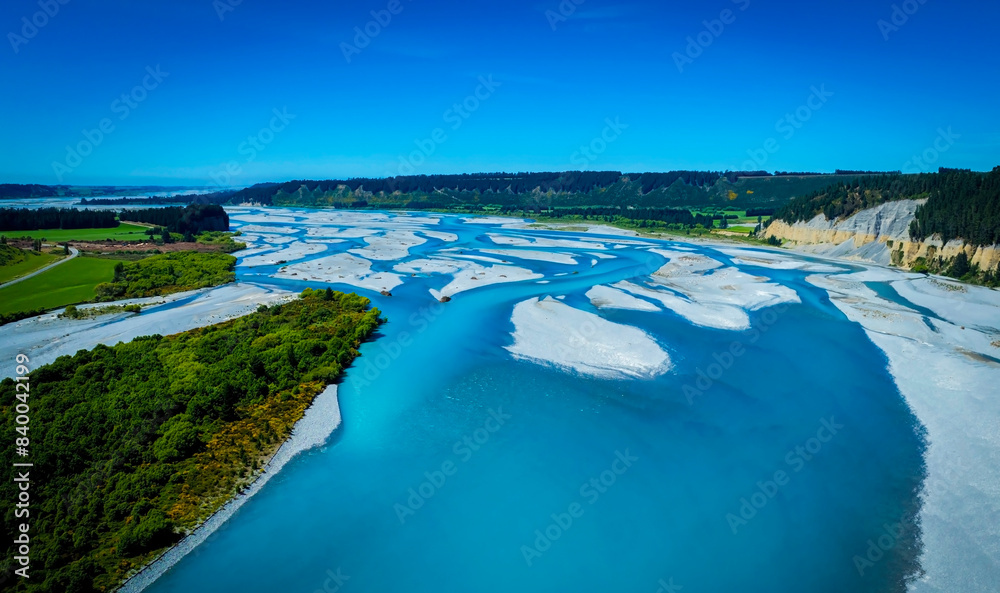 Fototapeta premium The aerial view with a ecosystem of the River lagoon Valley and blue water rive