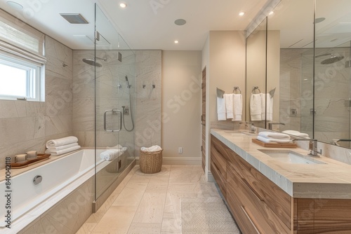 Minimalist Bathroom with Frameless Shower  Bathroom with a frameless shower and minimal fixtures