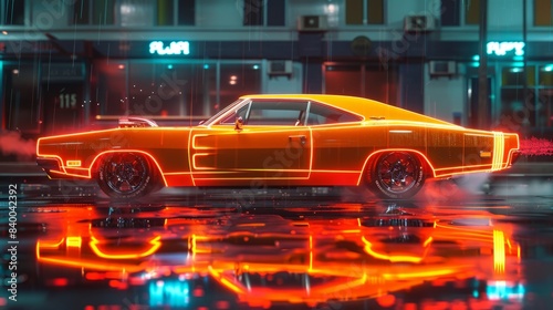Futuristic Sport Car on the cityscape. Powerful acceleration of super cars on night tracks with colorful lights and tracks.