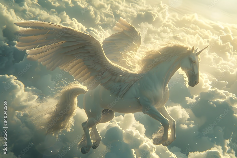 Fototapeta premium A powerful Pegasus soaring through the clouds, its majestic wings catching the sunlight