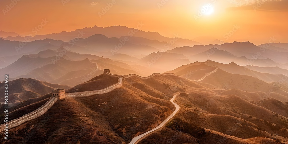 Naklejka premium Aerial shot of the Great Wall of China winding through mountains at dawn. Concept Aerial Photography, Great Wall of China, Landscape, Mountains, Sunrise