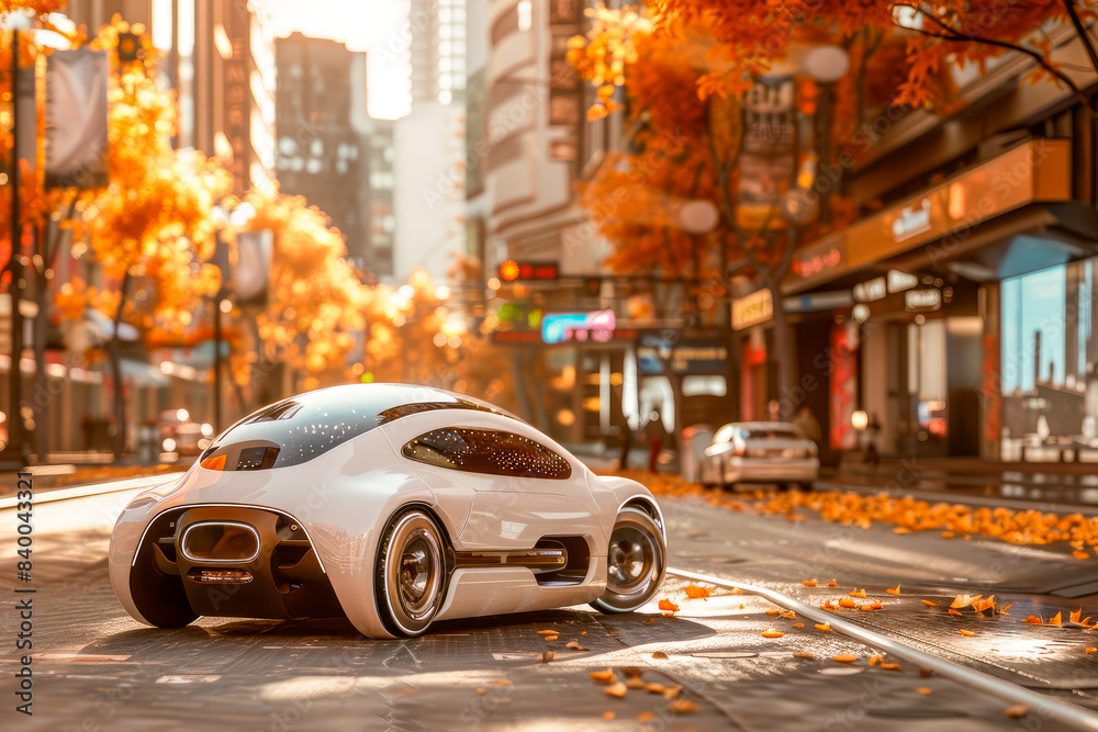 Obraz premium Small autonomous car on the street, future transport concept.