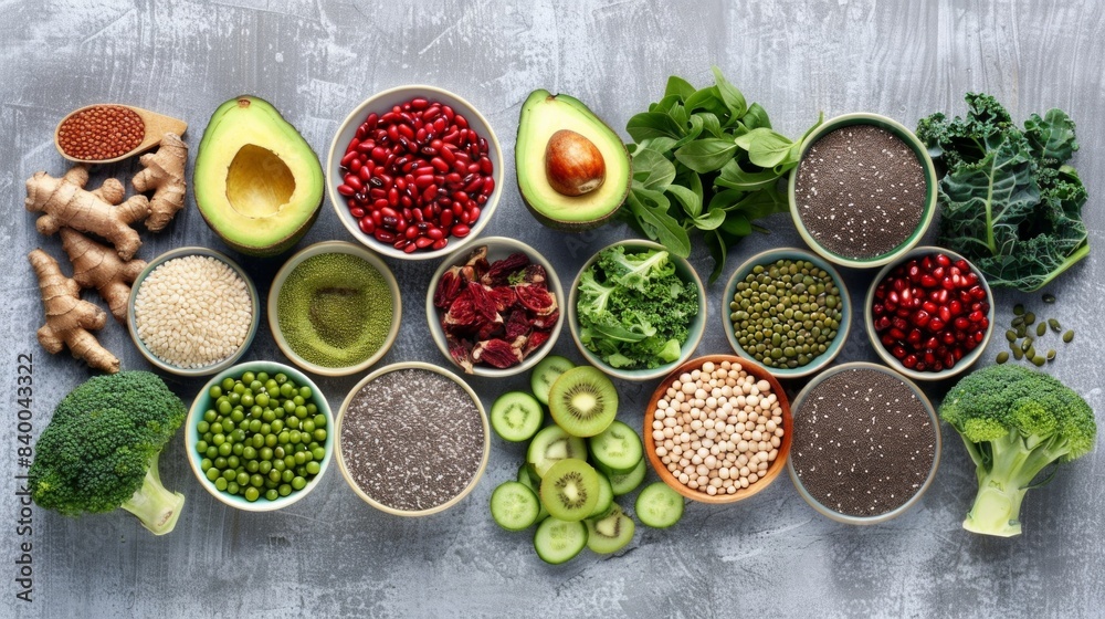 Assorted superfoods and fresh vegetables on a concrete background. Bowls of chia seeds, pomegranate, and avocado are included. Ideal for a healthy living blog. Assorted superfoods and fresh vegetables on a concrete background. Bowls of chia seeds, pomegranate, and avocado are included. Ideal for a healthy living blog.