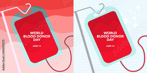 World Blood Donor Day Social Media Greeting Cards. Celebrated every June 14. Blood Transfusion bag with metal stand on red and blue background. Vector Illustration.  Paper craft. Editable.