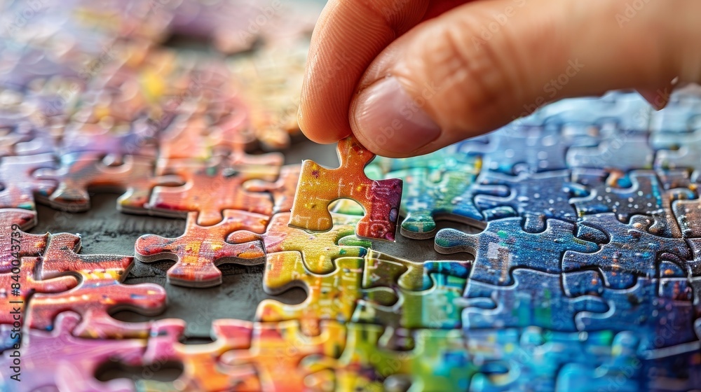 hand putting the finishing touches on a jigsaw puzzle. hand putting the finishing touches on a jigsaw puzzle.