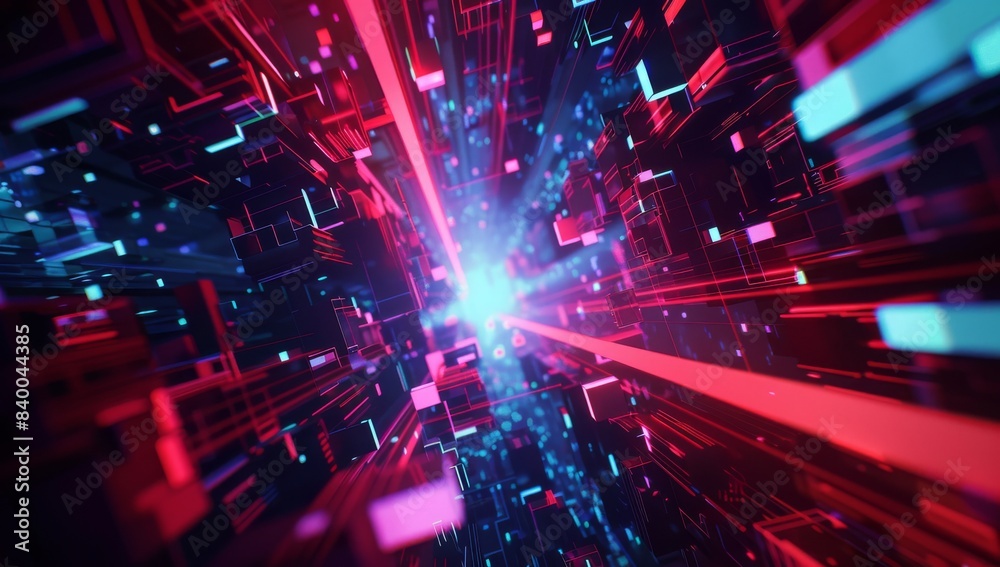 Abstract background with red and blue rays of light shining through cubical elements, creating an atmosphere of digital technology or futuristic space exploration. Abstract background with red and blue rays of light shining through cubical elements, creating an atmosphere of digital technology or futuristic space exploration.