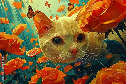  A kitten chasing butterflies near a rose bush