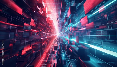 Abstract background with red and blue rays of light shining through cubical elements  creating an atmosphere of digital technology or futuristic space exploration.