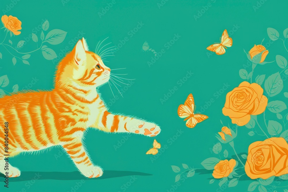 A kitten chasing butterflies near a rose bush A kitten chasing butterflies near a rose bush