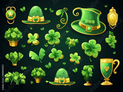 Vintage set of St Patrick's Day icon element, green color vector style design illustration. Saint Patrick Day style