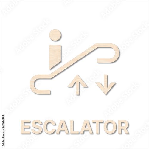 Wood textured printable PNG sign for escalator. Escalator icon. Linear pictogram. PNG icon. Matt wood surface printable 3D sign.
