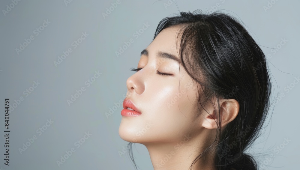 Beautiful Asian woman with perfect skin, portrait of beautiful young model posing on gray background with closed eyes and open mouth in profile, skin care concept, close up side view Beautiful Asian woman with perfect skin, portrait of beautiful young model posing on gray background with closed eyes and open mouth in profile, skin care concept, close up side view