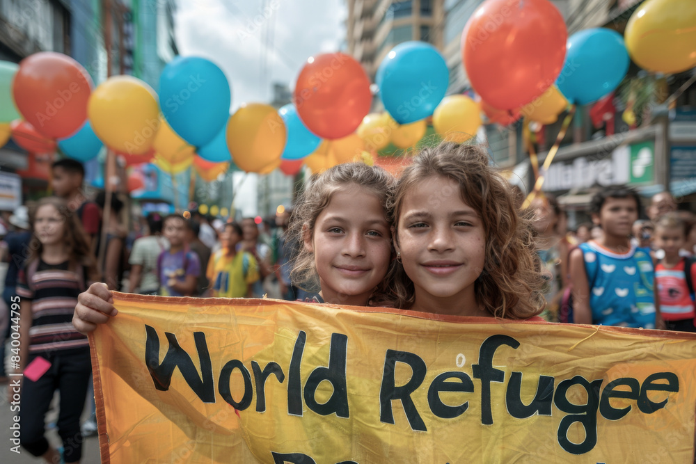 Children with balloons and a banner celebrate World Refugee Day ...