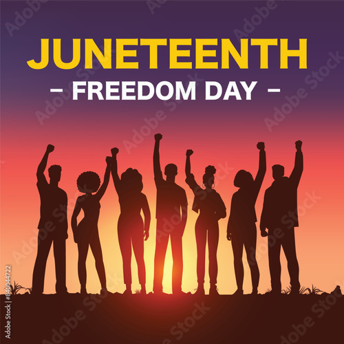The silhouettes of people raising their fists against a vibrant sunset symbolize resilience, unity, and the ongoing fight for equality.