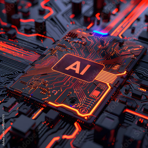 Close-up of a glowing AI microchip embedded on a complex circuit board, representing artificial intelligence technology background and innovation. photo