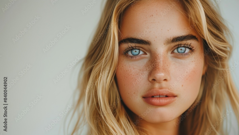 Fototapeta premium Beautiful blonde woman with clean fresh skin on a white background, a close up portrait of a beautiful young girl after a facial treatment in a beauty salon, copy space for text