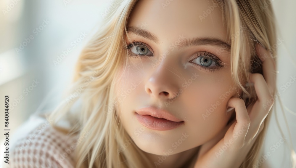 Beautiful blonde woman with clean fresh skin on a white background, a close up portrait of a beautiful young girl after a facial treatment in a beauty salon, copy space for text Beautiful blonde woman with clean fresh skin on a white background, a close up portrait of a beautiful young girl after a facial treatment in a beauty salon, copy space for text