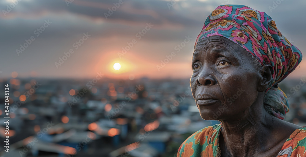 An elderly woman gazes into the sunset over a cityscape, reflecting on life's trials and enduring hope An elderly woman gazes into the sunset over a cityscape, reflecting on life's trials and enduring hope