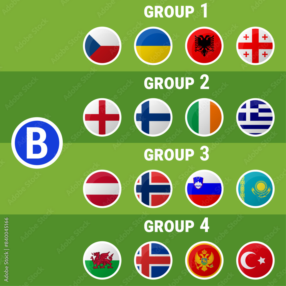 Round flag icons of the national football teams of league B. Participants of the european football competition Round flag icons of the national football teams of league B. Participants of the european football competition