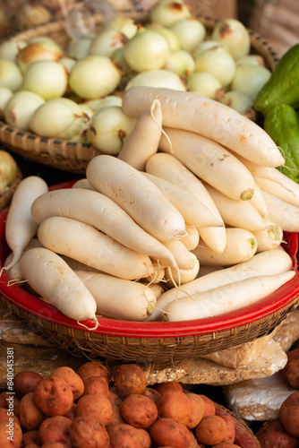 Fresh vegetables on display in a traditional market