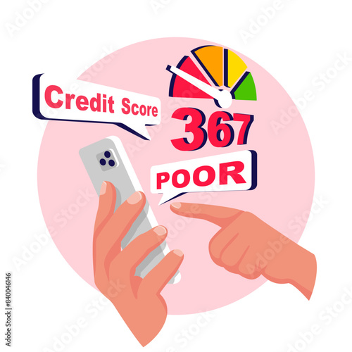 Credit Score rating. Poor online Credit Score rating. Smartphone in the hand of a sad woman. Vector illustration flat design. Isolated on white background.