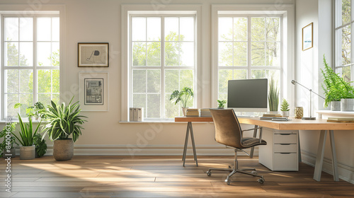 A high-resolution photograph of a modern office space featuring a large desk with a sleek computer setup  an ergonomic chair  and minimalist decor. Large windows let in plenty of natural light