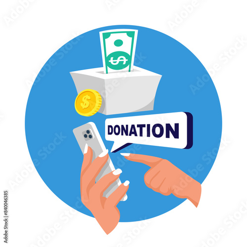 Donate money with a mobile phone. Online payment with smartphone. Charity, donation. Vector illustration flat design. Isolated on white background.