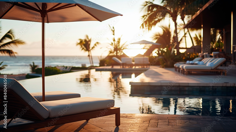 Fototapeta premium Beautiful luxury hotel and resort with coconut palm tree on sunset or sunrise sky, umbrella and chair around outdoor swimming pool
