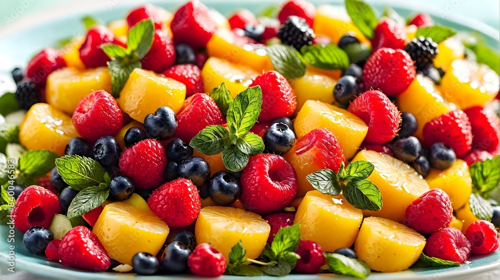 A close-up shot of a colorful fruit salad with a variety of fresh berries, mint leaves, and a light honey glaze. Colorful. 1 A close-up shot of a colorful fruit salad with a variety of fresh berries, mint leaves, and a light honey glaze. Colorful. 1
