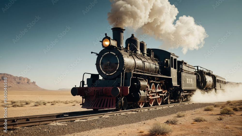 Obraz premium an old steam locomotive with wagons drives through a desert