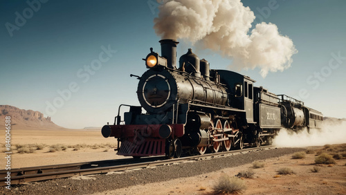 an old steam locomotive with wagons drives through a desert photo