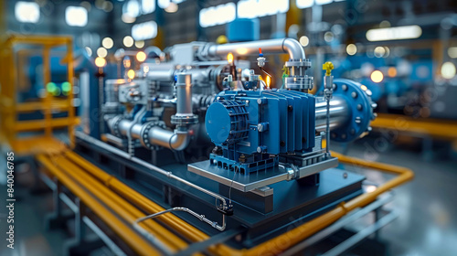 Blue water pump on the background of the water. Selective focus