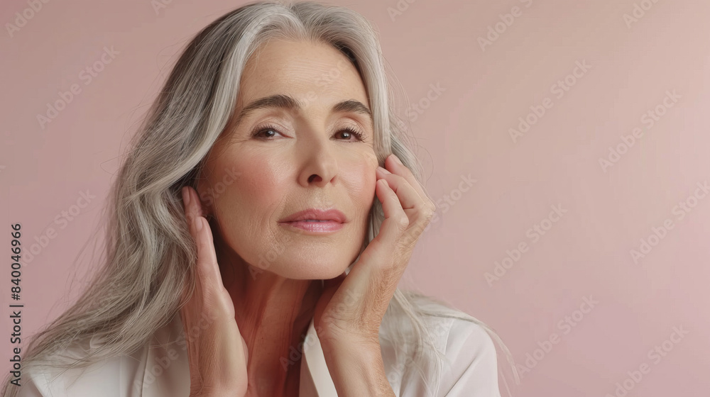 Portrait of a graceful mature woman with long grey hair, posing against a pink background, embodying beauty and confidence. Graceful Mature Woman with Long Grey Hair
Portrait of a graceful mature woman with long grey hair, posing against a pink background, embodying beauty and confidence. Graceful Mature Woman with Long Grey Hair