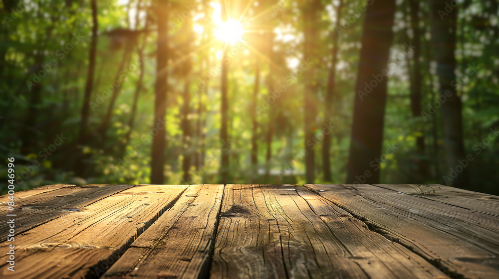 Empty wooden table top with blurred forest background. Exuberant illustration style