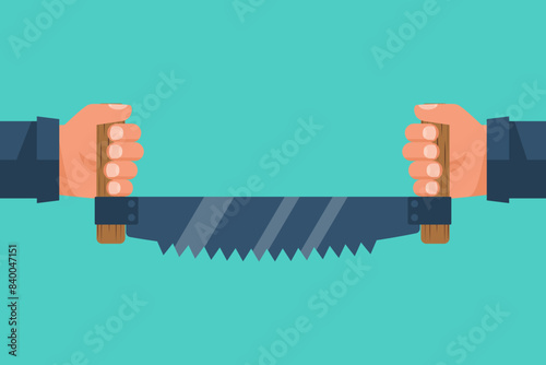 Two men sawing wood. Carpenters with saw in his hand. Vector illustration flat design. Carpentry work. Wood sectional. Cross section of tree. Lumberjack, cabinetmaker, woodworker. Lumberjack working.
