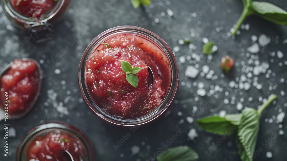 Jar of homemade rhubarb jam with a mint garnish on a dark background. The artistic and fresh presentation is ideal for culinary and homemade food themes Jar of homemade rhubarb jam with a mint garnish on a dark background. The artistic and fresh presentation is ideal for culinary and homemade food themes